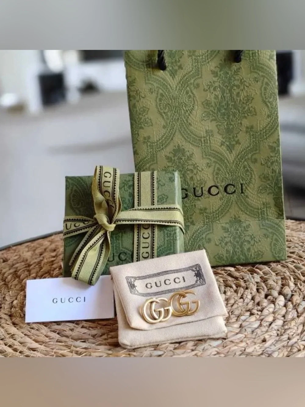 Gucci Gold tone Double G Logo Earrings with Branded Pouch